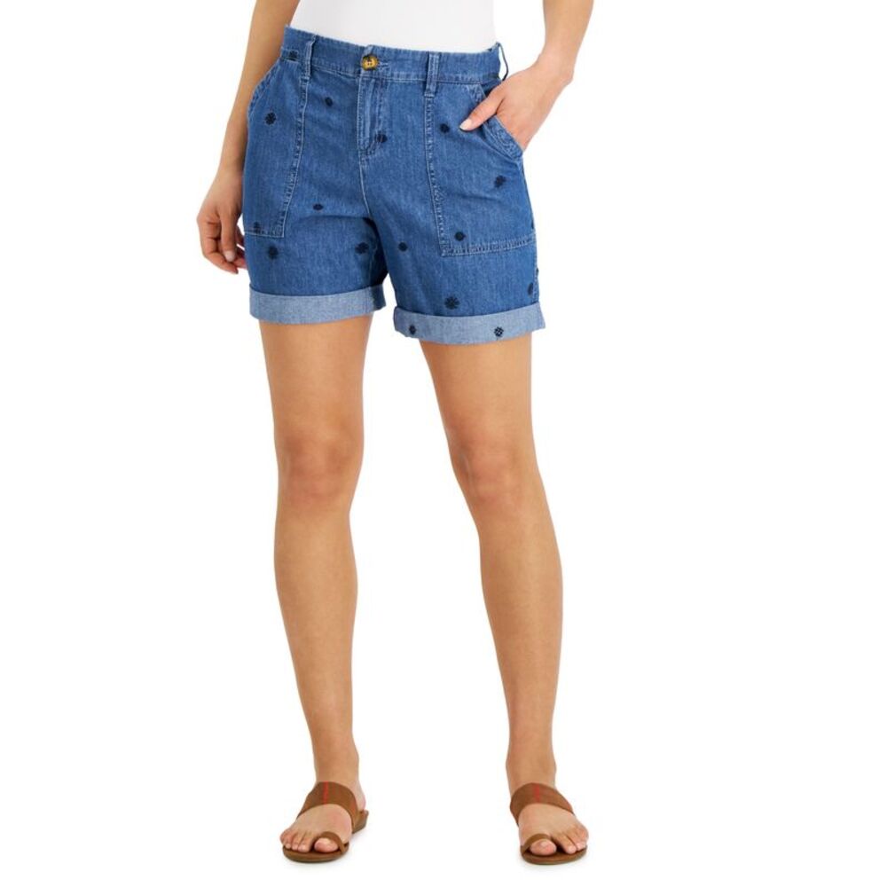 Style & Co Womens Roll Cuff Embroidered Denim Shorts